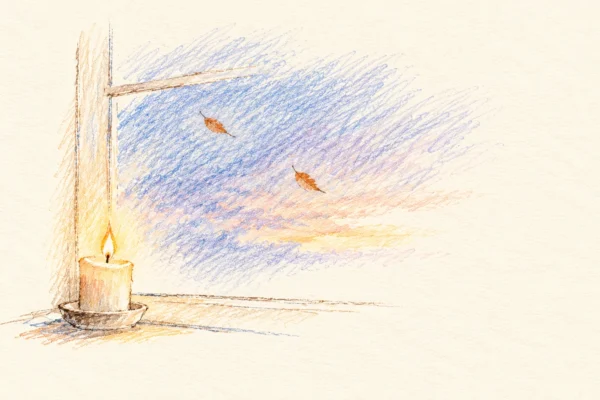 Kleurpotloodschets van een brandende kaars voor een raam bij schemering, met vallende herfstbladeren.